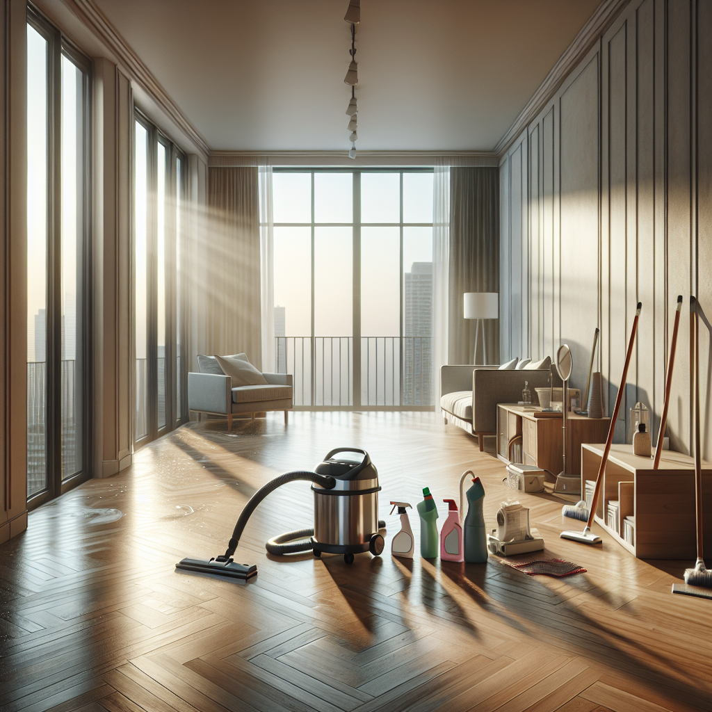 A vacant apartment room equipped for move out cleaning with cleaning supplies.