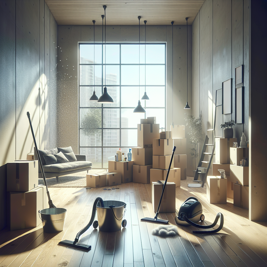 A clean, well-lit room being prepared for moving out, with boxes and cleaning supplies.