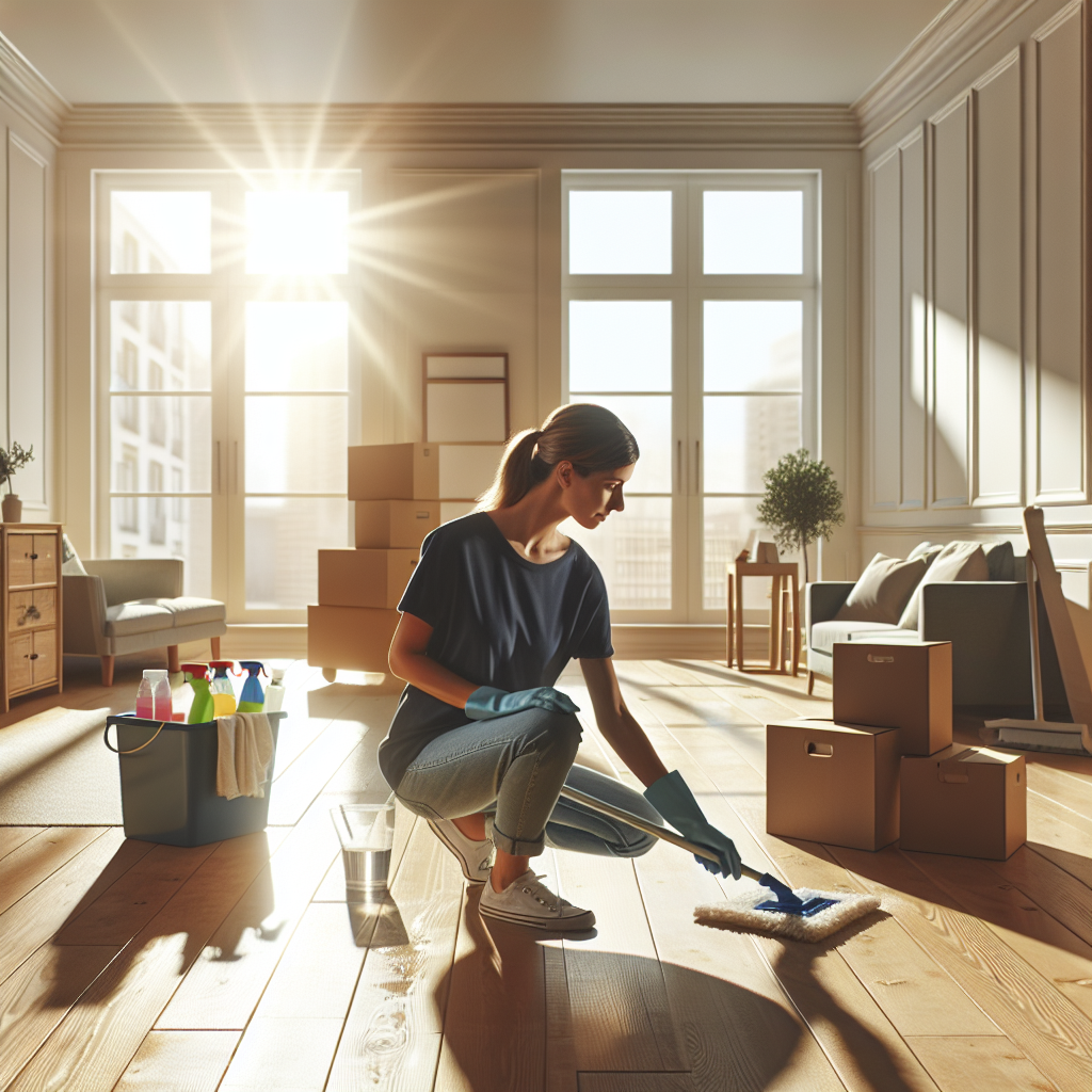 A professional woman cleaning a living room during a move-out process, with packed boxes and sunlight.