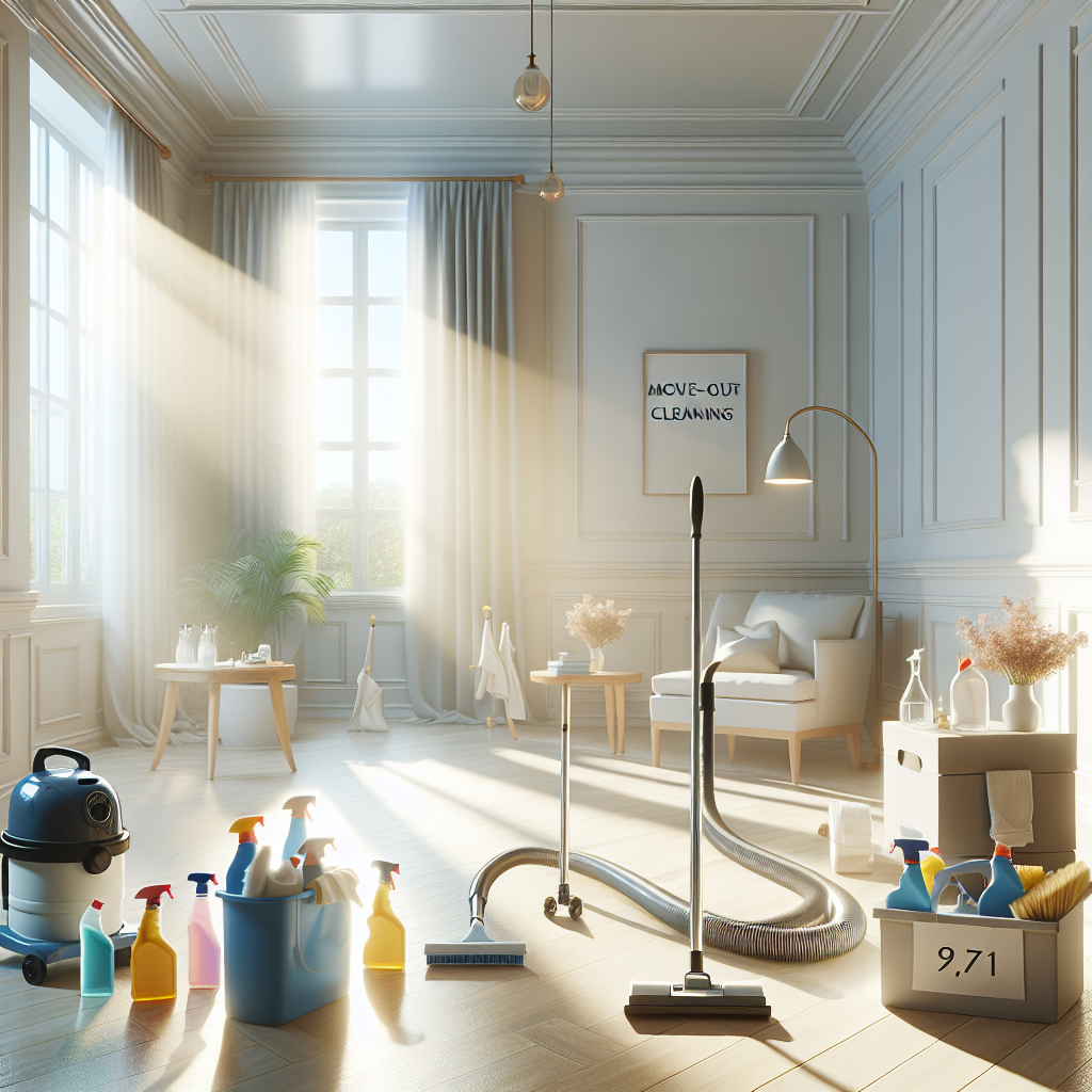 A clean room with sunlight, cleaning tools, conveying the concept of move-out cleaning services.
