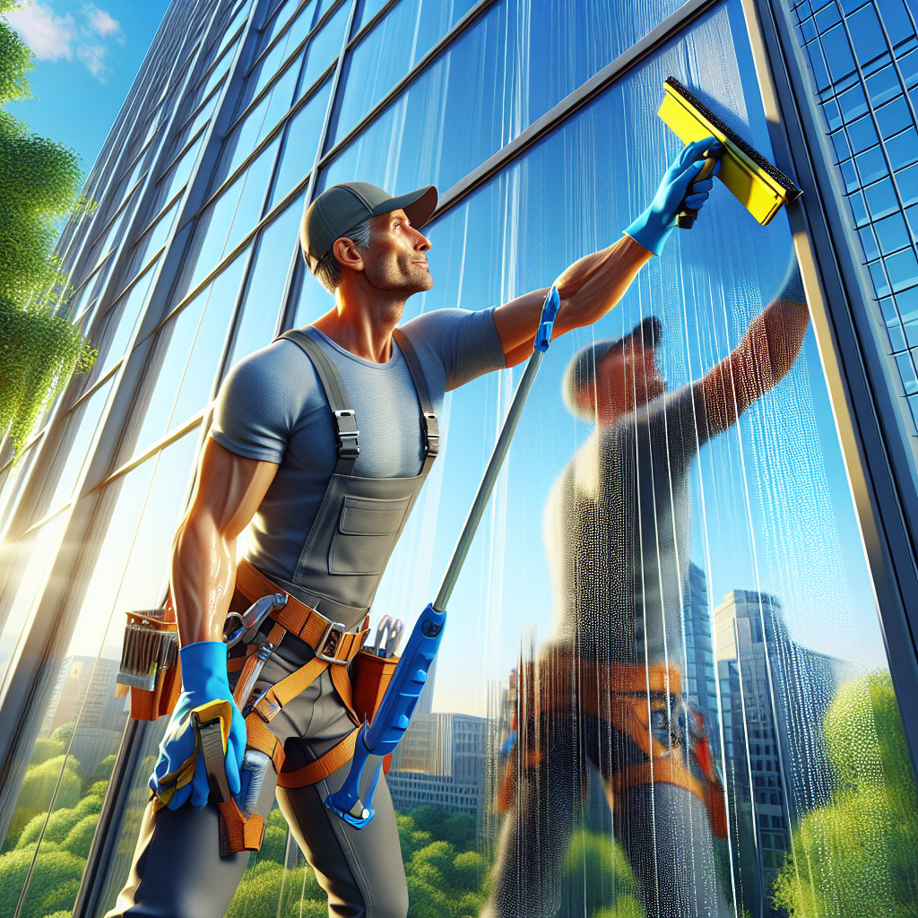 A professional window cleaner washing a skyscraper's glass window.
