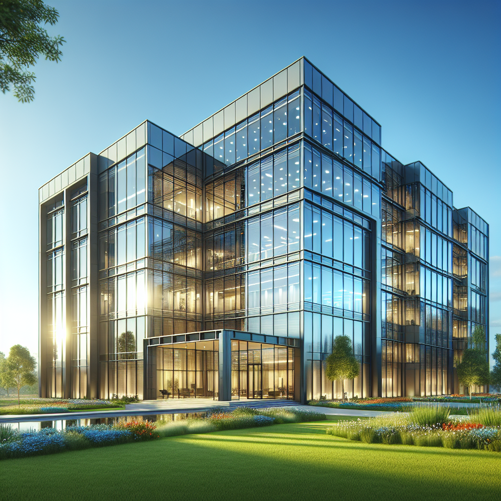 A modern office building with clean glass windows and a manicured lawn.
