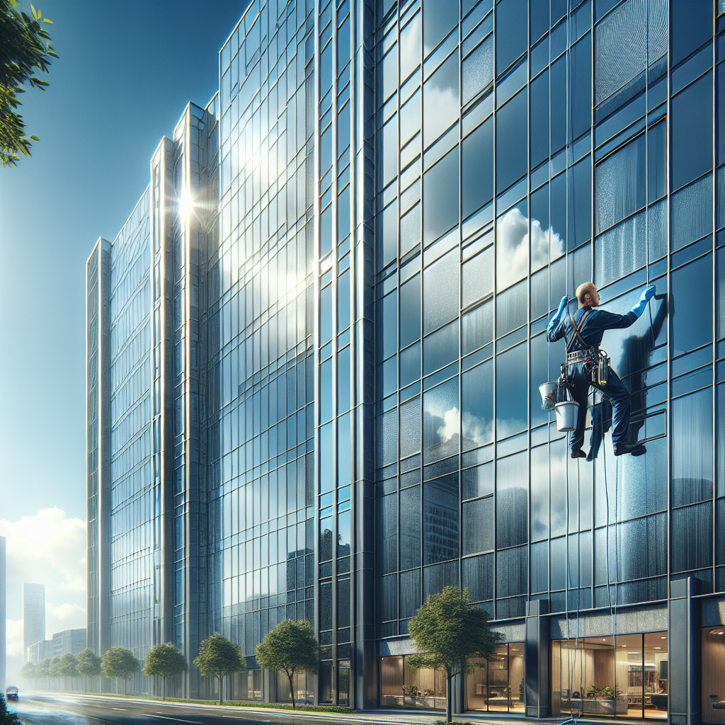 A window cleaner working on high-rise building windows.