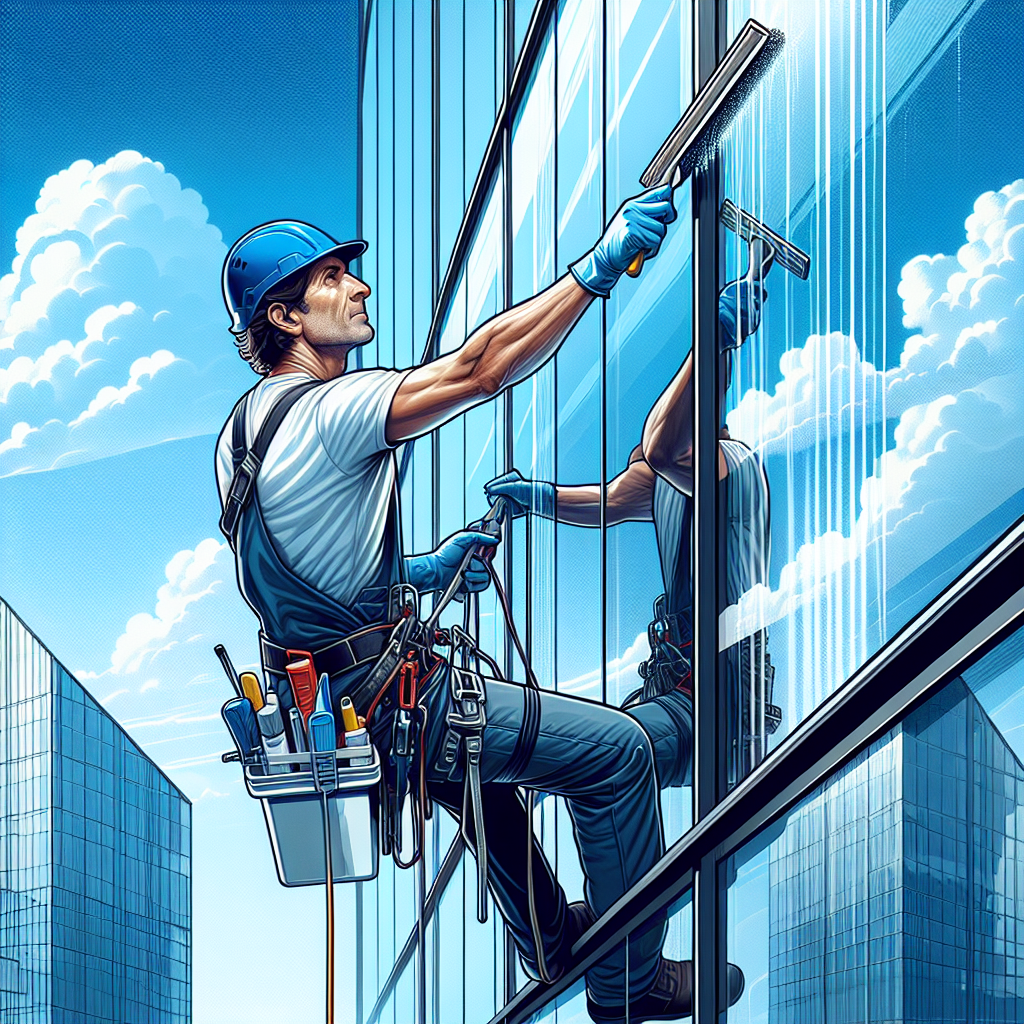 A professional window cleaner cleaning a tall building's window.