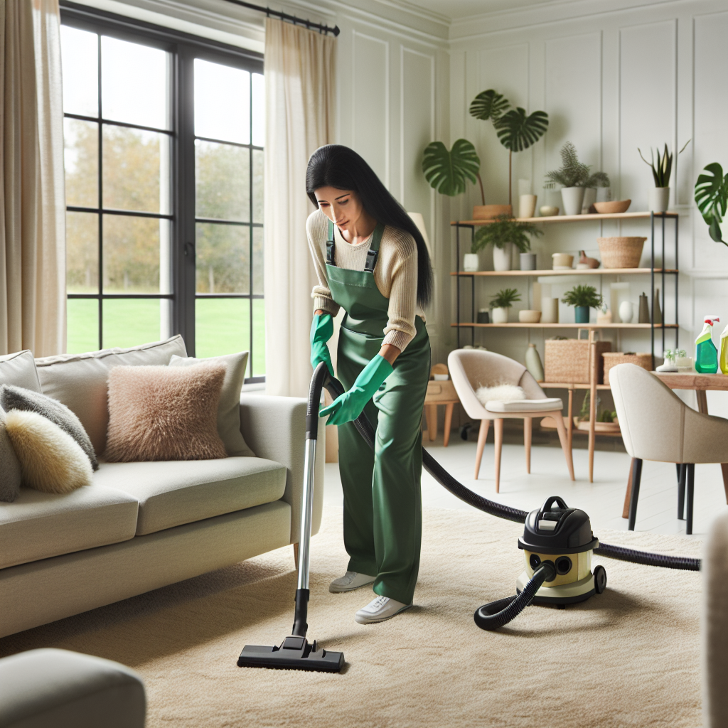 A professional cleaner working in a bright living room in Edmonton, showcasing eco-friendly cleaning practices.