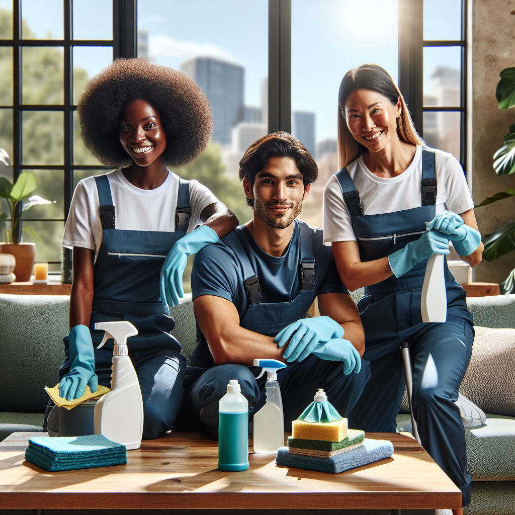 A diverse team of professional cleaners in a modern living room in Edmonton.