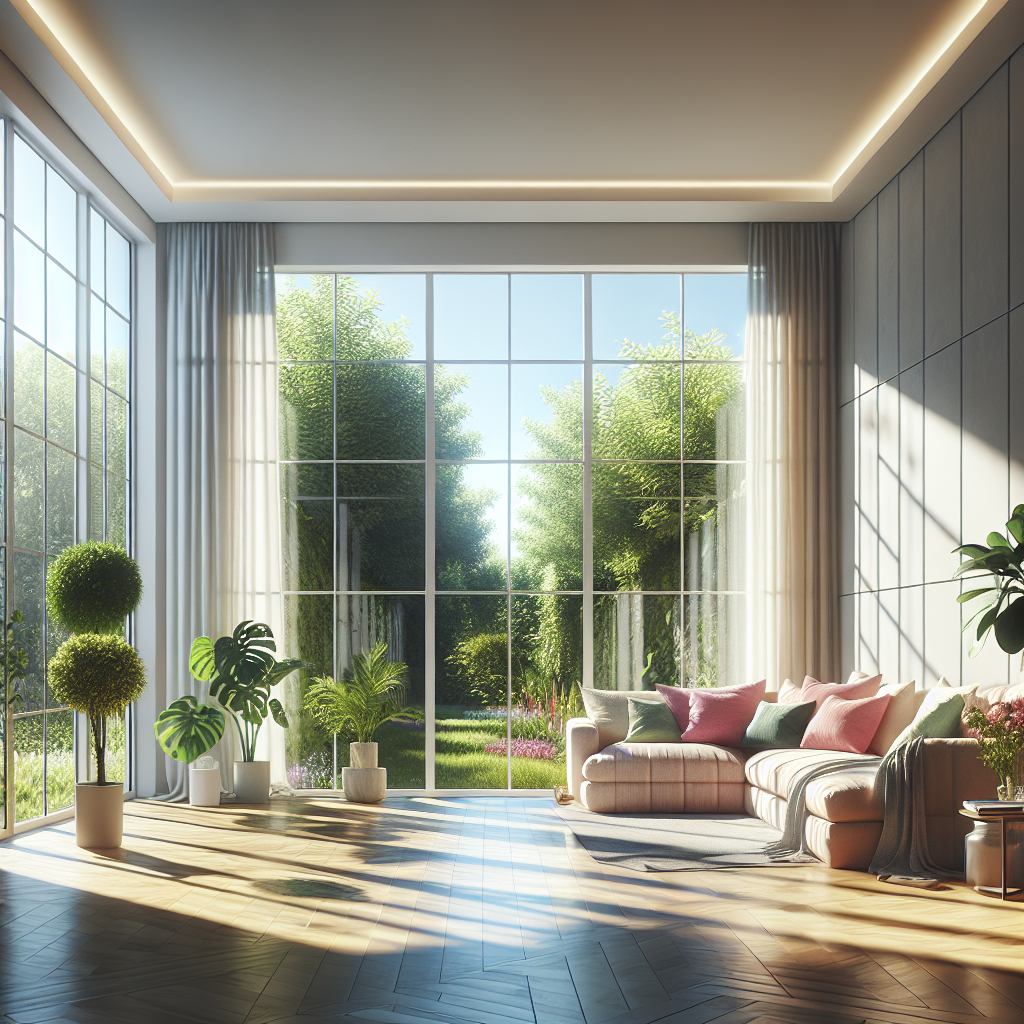 A sunlit living room with clean windows and a view of a garden.