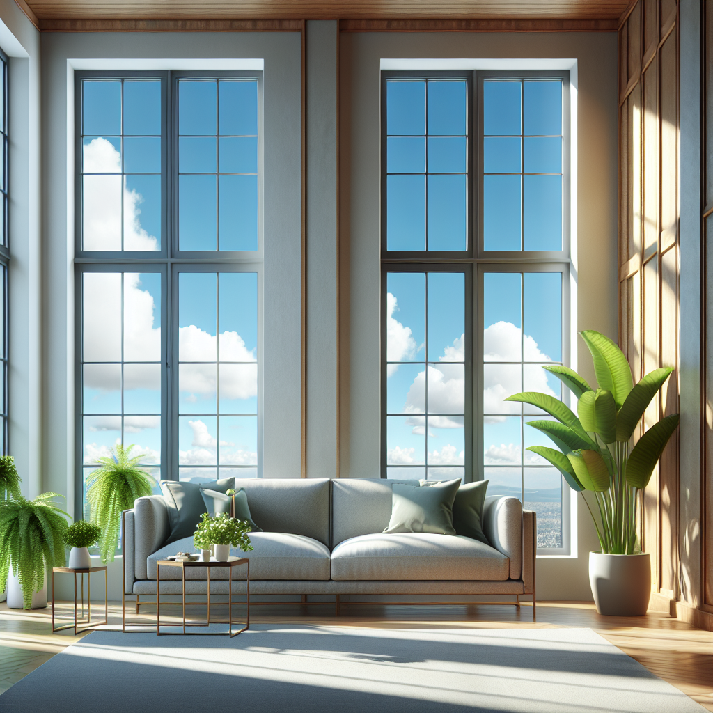 An inviting room with clean windows, allowing natural light to illuminate a stylish layout with a sofa and an indoor plant.