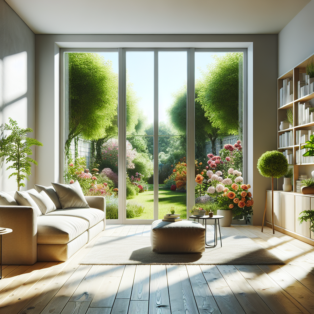 A bright living room with clean windows overlooking a lush garden.