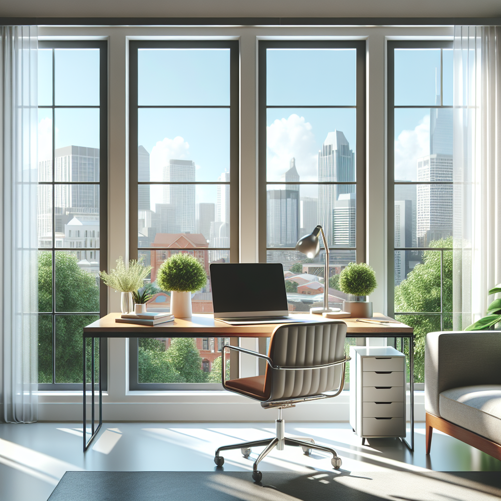 A bright modern office with large windows showcasing a sunny cityscape.