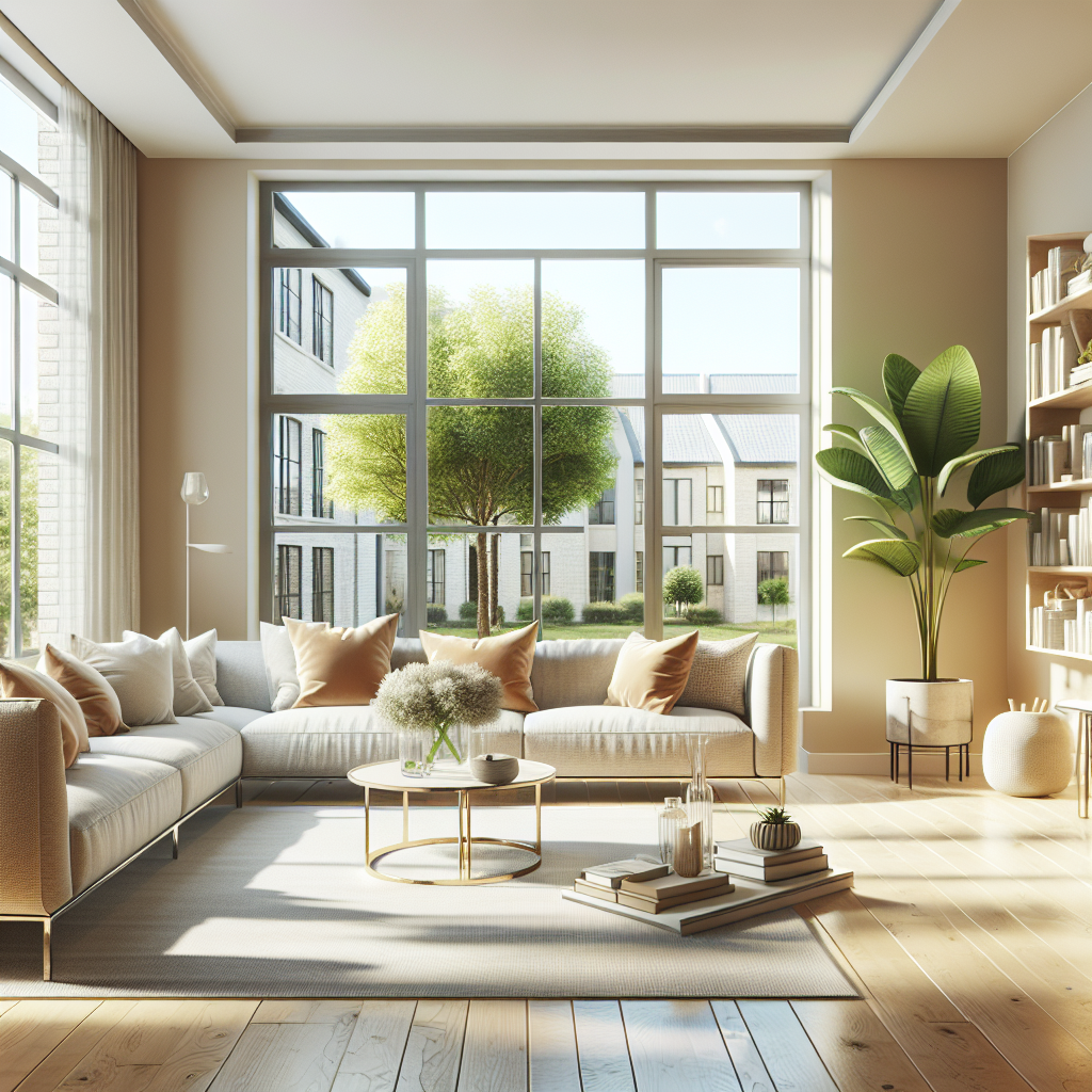 A modern living room with clean interior windows reflecting sunlight.
