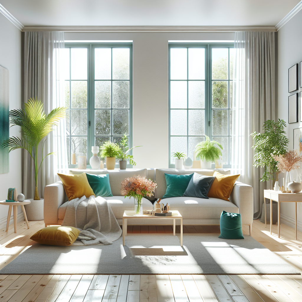 A bright modern living room with sparkling clean windows and colorful decor.