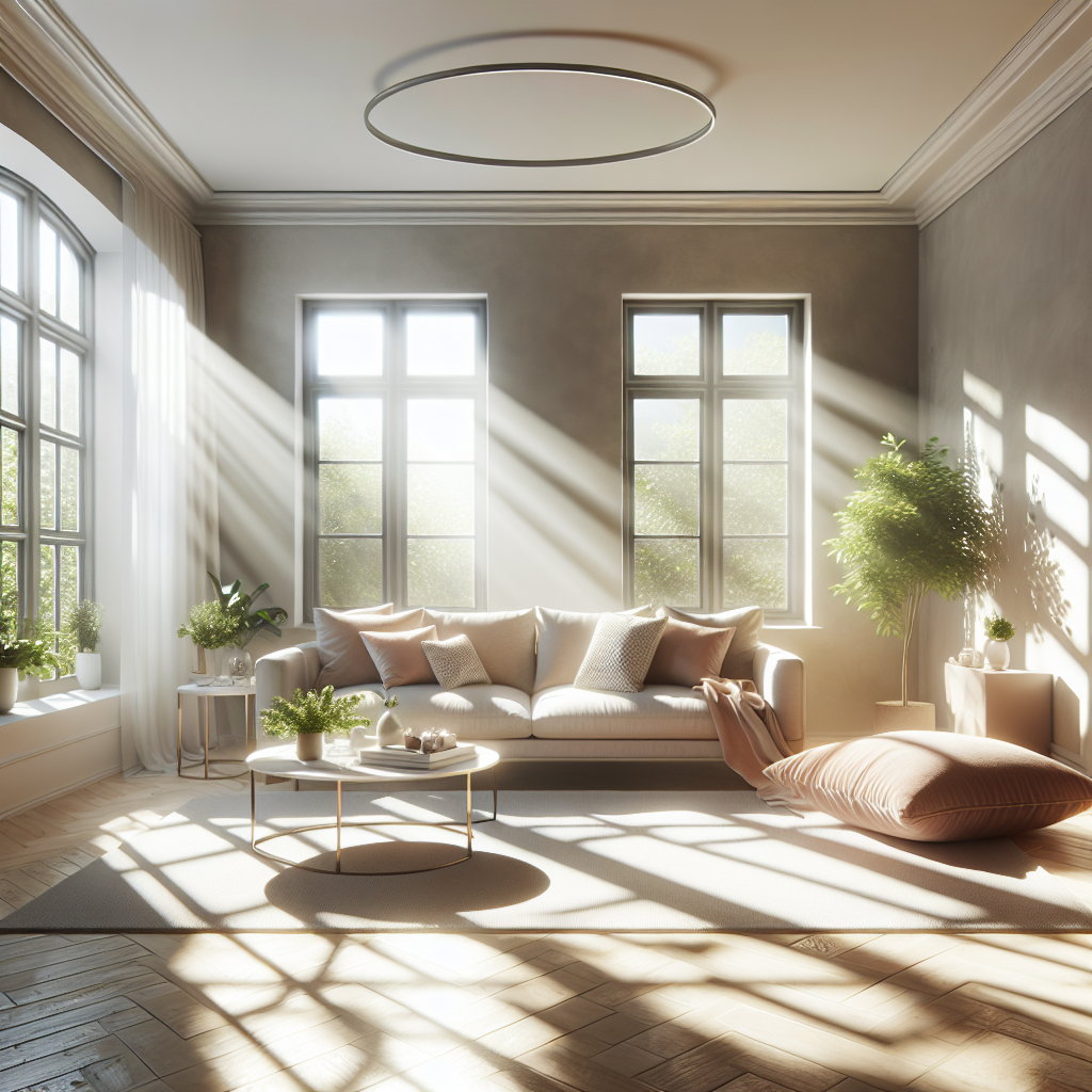A bright and clean living room with sparkling windows and natural light.