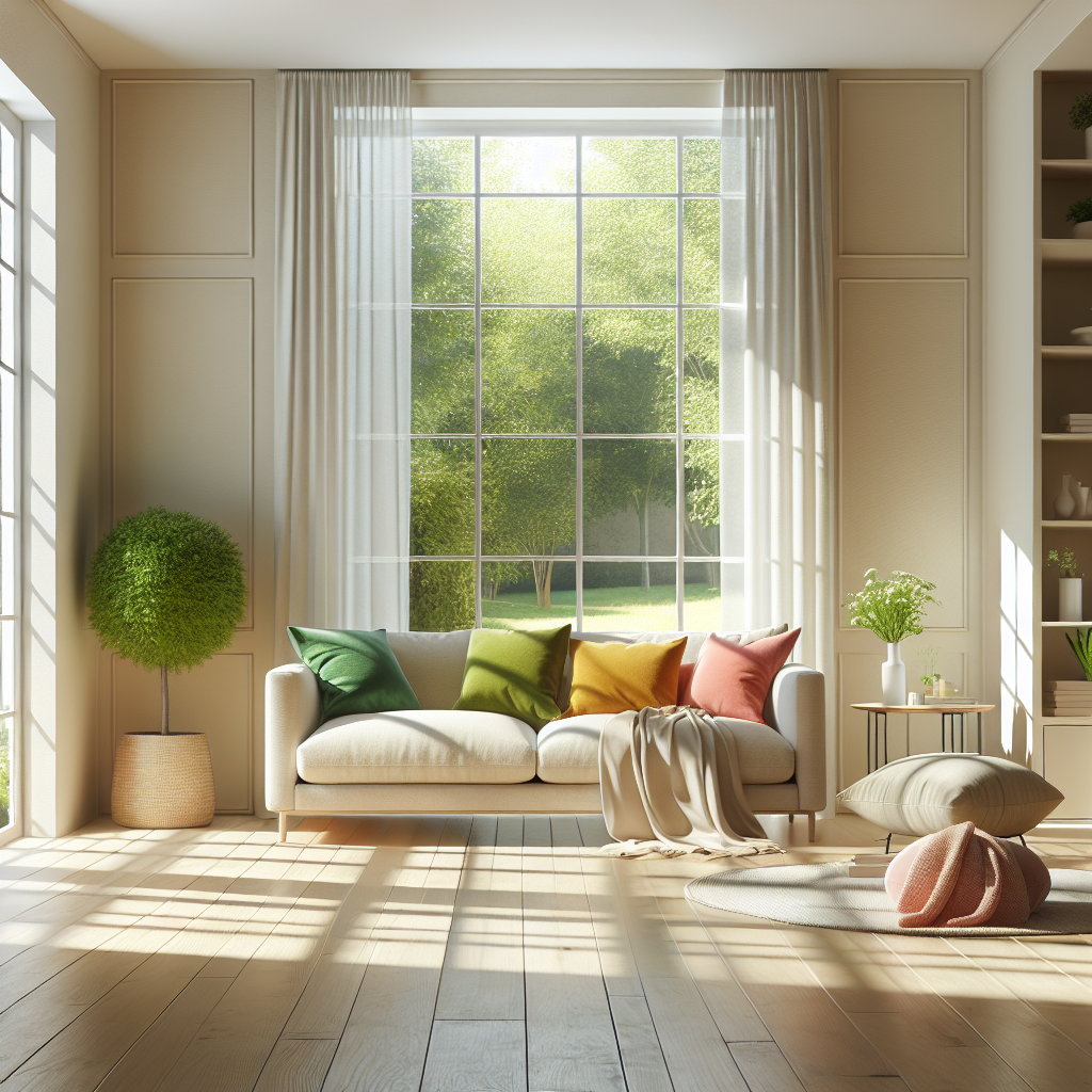 A bright living room with clean interior windows and cozy furniture.
