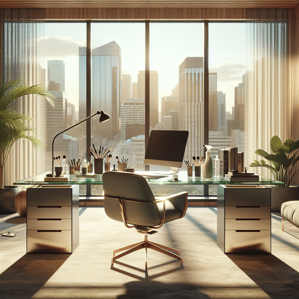 A modern office environment in Edmonton with a glass desk and eco-friendly cleaning products.