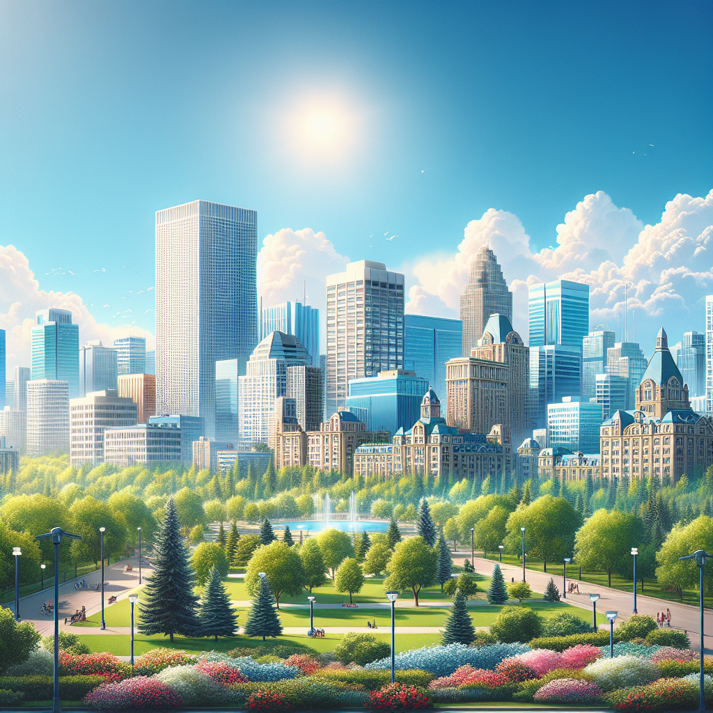 A bright and clean Edmonton cityscape with modern and traditional buildings, lush green parks, and a clear blue sky.