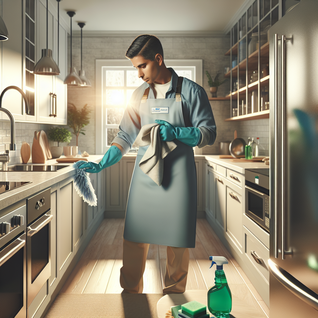 A professional cleaner in a bright kitchen, using eco-friendly products for move out cleaning.