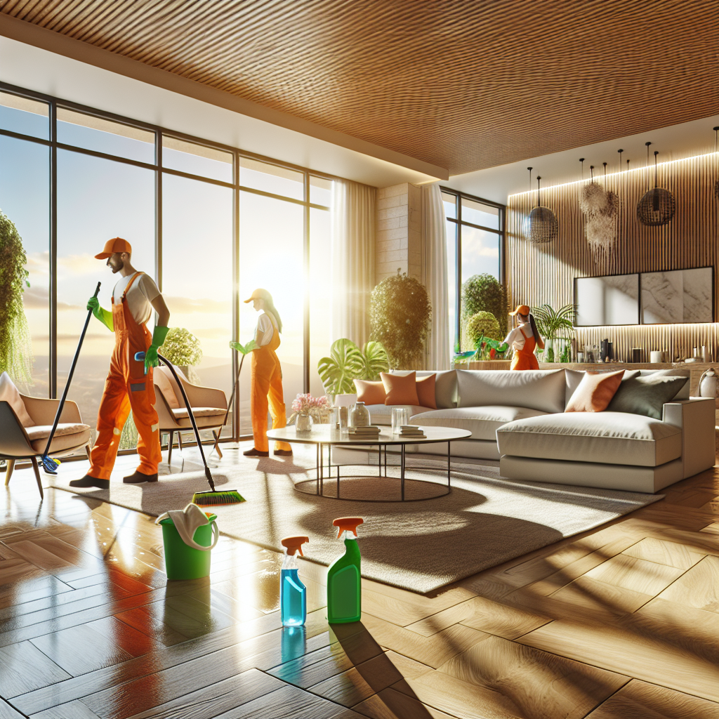A residential space being deep cleaned with professionals using eco-friendly products.