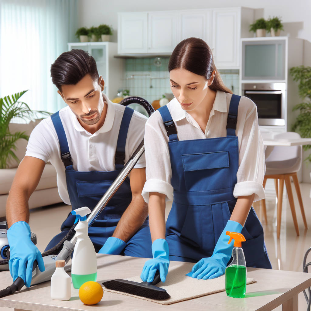 A diverse cleaning crew in a modern kitchen, illustrating deep cleaning services.