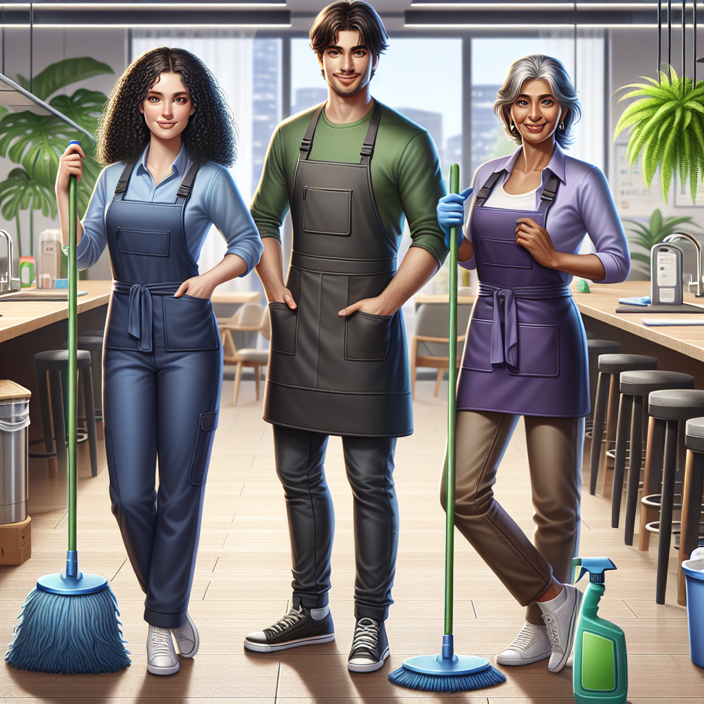 A diverse trio of professional cleaners at work in a modern cleaning service environment.