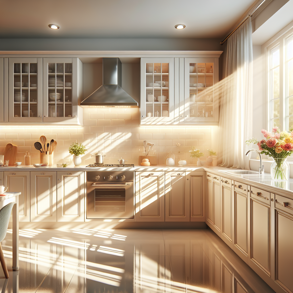 A clean, modern kitchen after move-in cleaning, showcasing shiny countertops and stainless steel appliances.