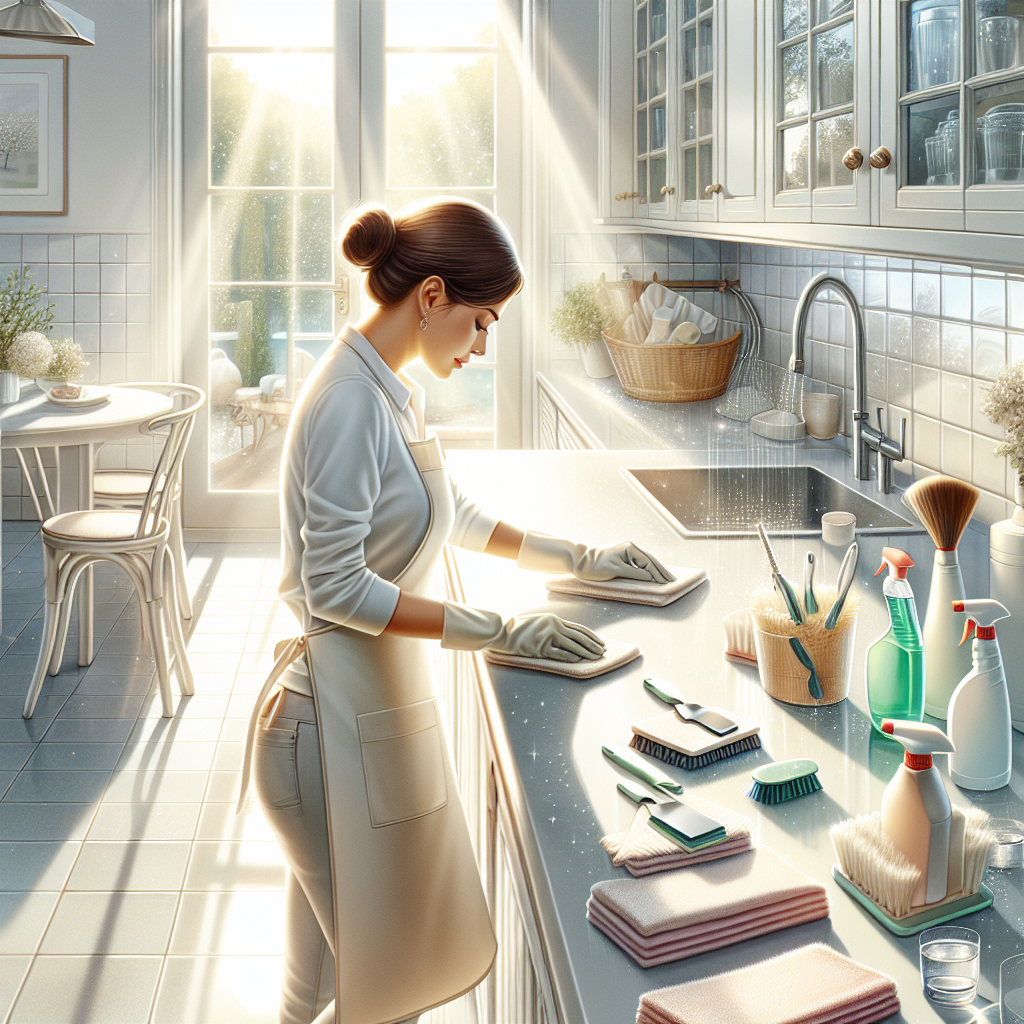 A person cleaning a bright kitchen, showcasing cleaning tools and a sunny atmosphere.