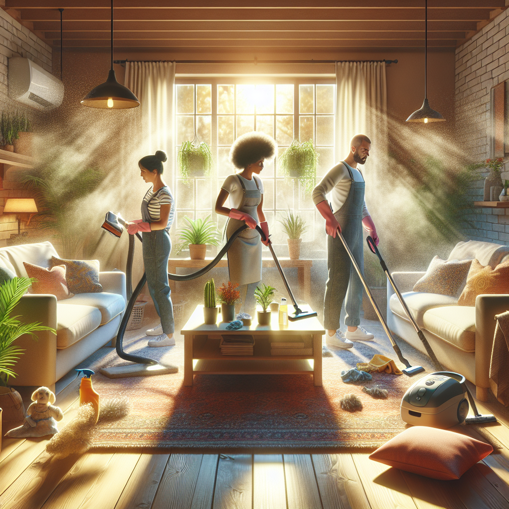 A deep cleaning scene in a living room with diverse cleaners and sunlight filtering in.