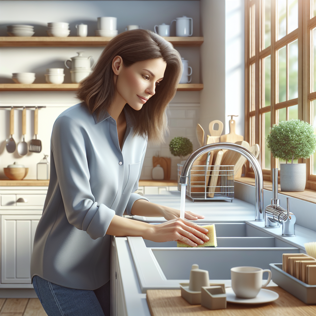 A woman cleaning a bright and airy kitchen, emphasizing the deep cleaning process.