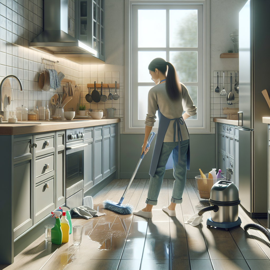 A scene of a person deep cleaning a kitchen.