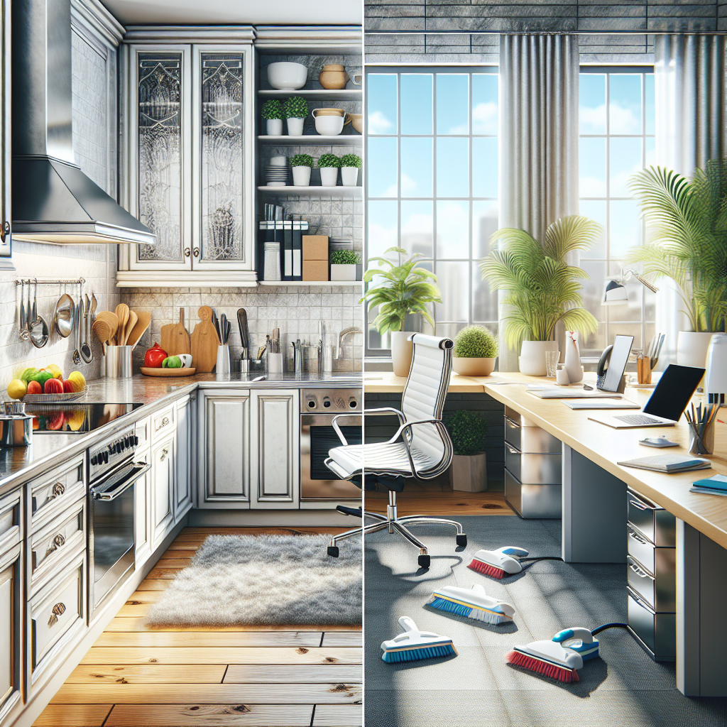 A scene showing deep cleaning in a kitchen and office environment.