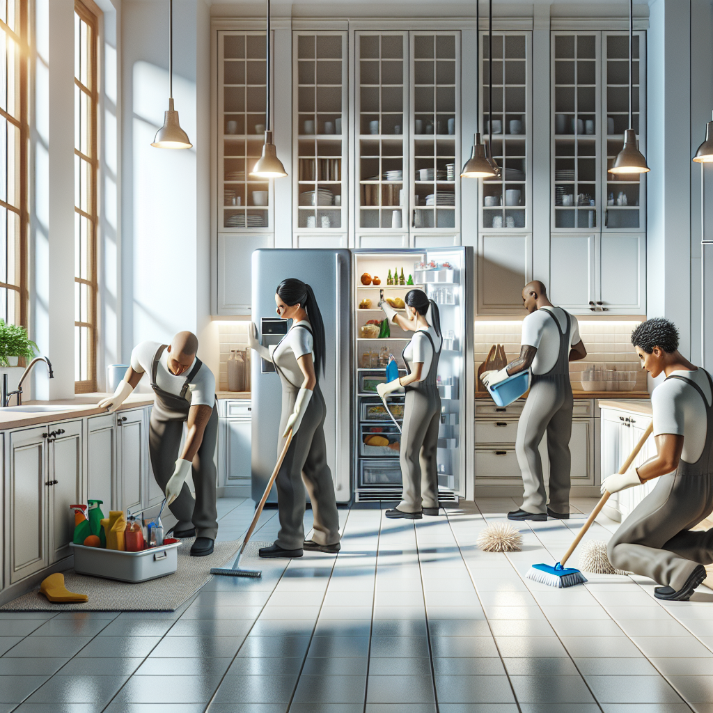 A team of four diverse cleaners deep cleaning a spotless kitchen.