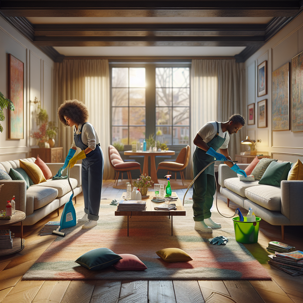 Professional cleaners in a bright living room, showcasing a cozy and clean environment.