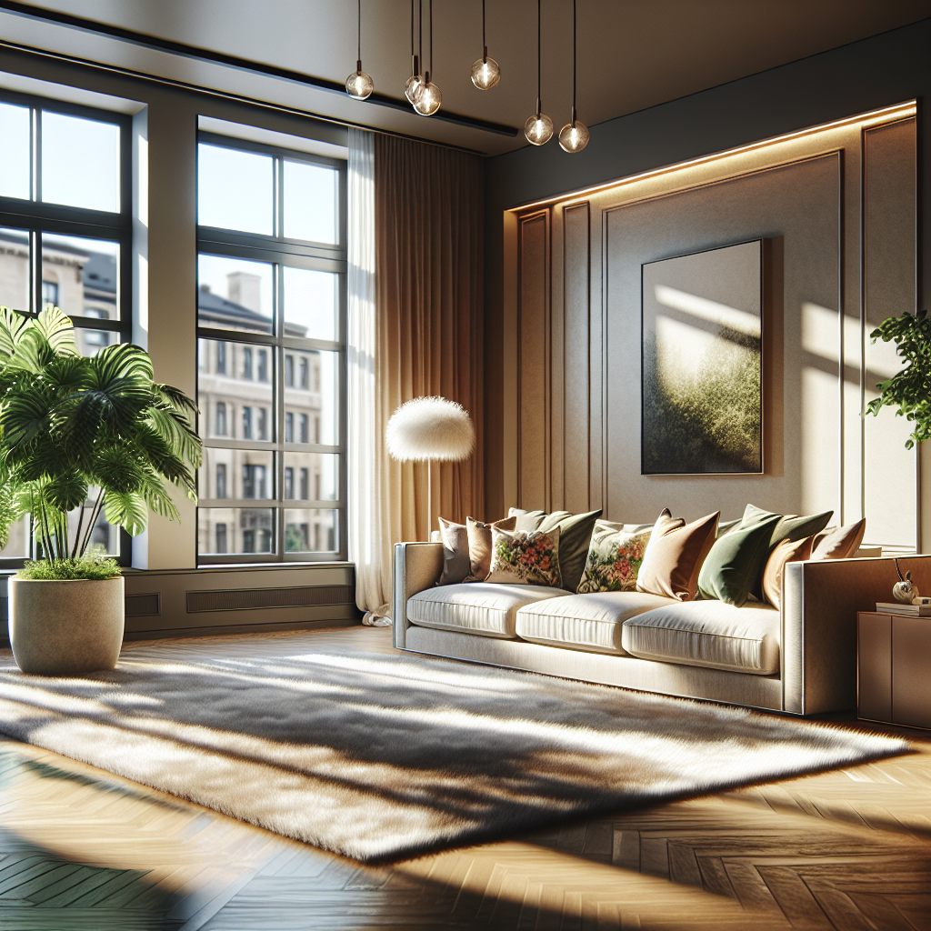 A bright and inviting living room with stylish furniture and large windows.