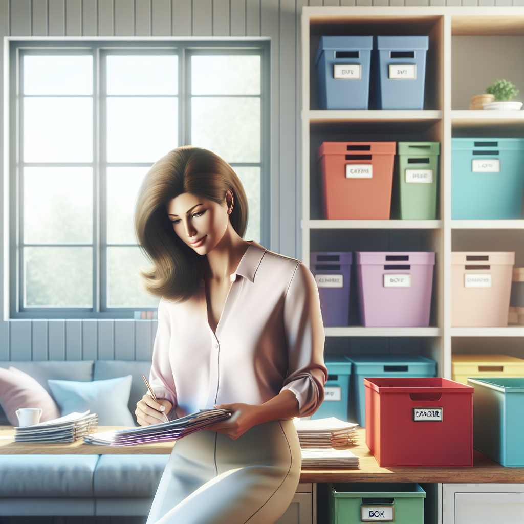 A professional organizer working in a brightly lit room, sorting papers and organizing tools.