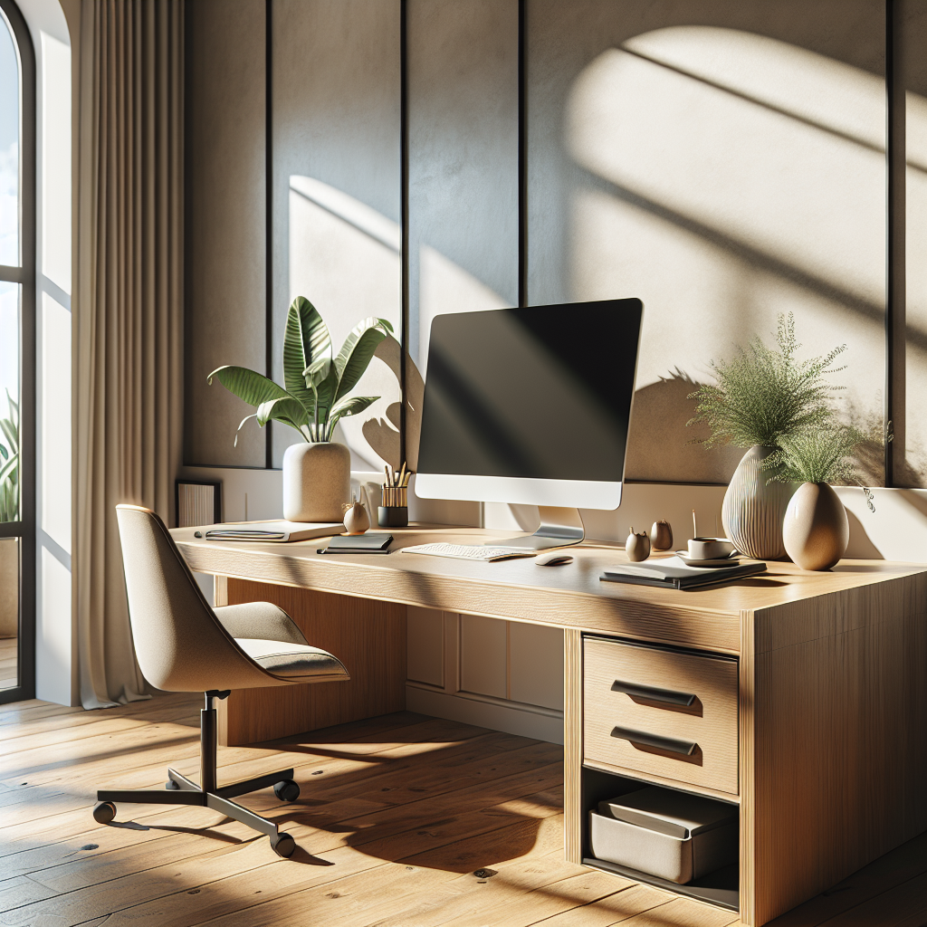 A modern home office with a wooden desk and natural light.