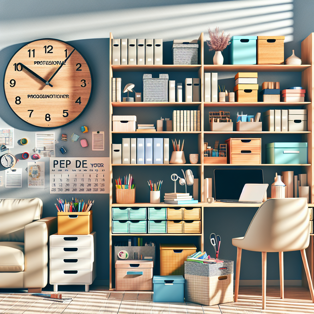 A well-organized room with neatly arranged bookshelves and storage boxes, highlighting professional organizing.