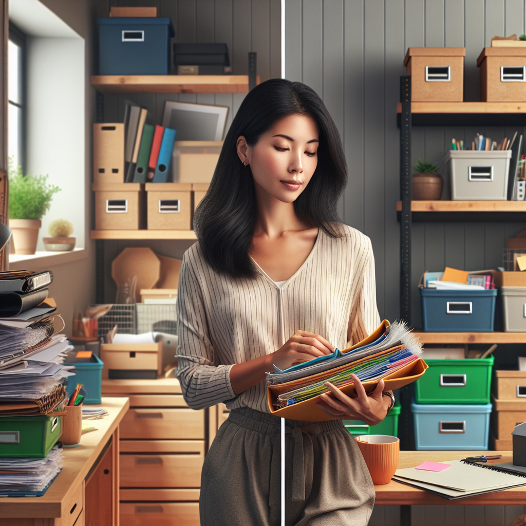 A professional organizer sorting files in a home office, showcasing a tidy workspace.