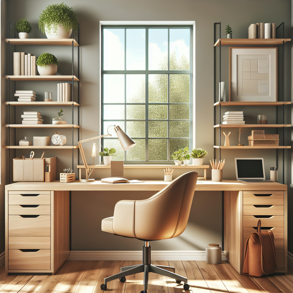 A well-organized home office interior with a desk, shelves, and natural light.