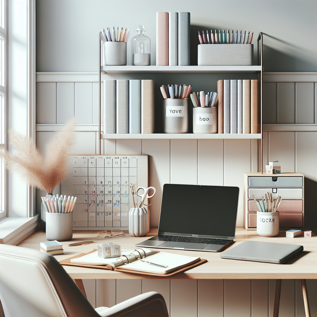 A perfectly organized home workspace with a wooden desk, neat office supplies, and a sunny atmosphere.