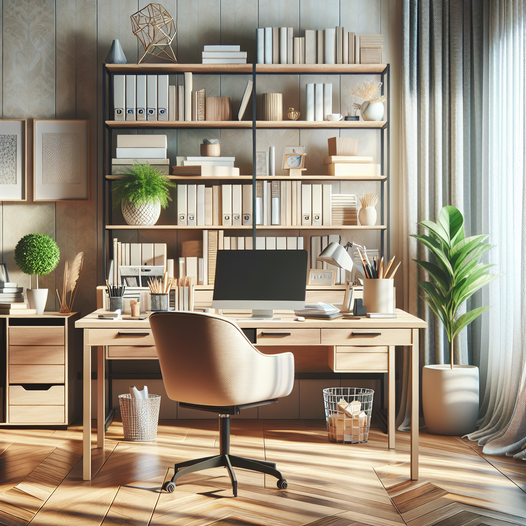 A well-organized and bright office space with a wooden desk, laptop, bookshelves, and plants.