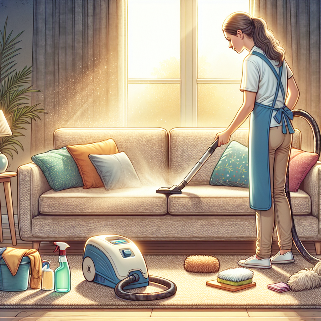 A cleaner deep cleaning a cozy living room with eco-friendly products.