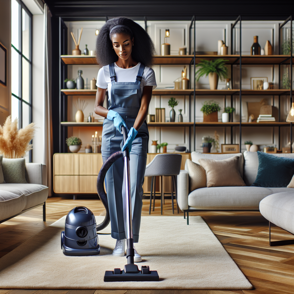 A professional cleaner in a modern living room, showcasing a clean space in Charlotte, NC.