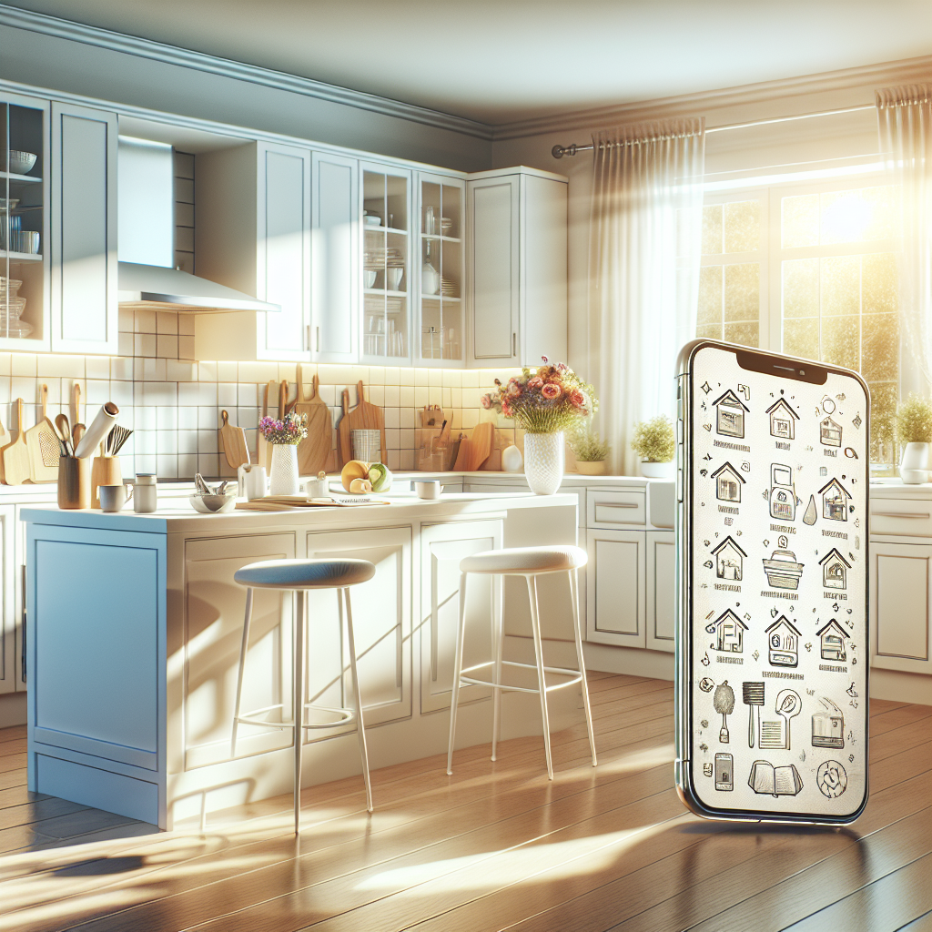 A modern kitchen with sunlight, organized cleaning supplies, and a smartphone displaying cleaning apps.