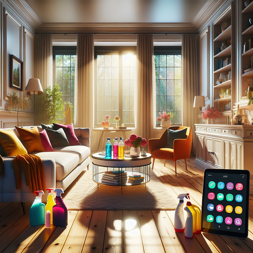 A cozy and clean living space with sunlight streaming in, highlighting a stylish sofa and cleaning supplies.