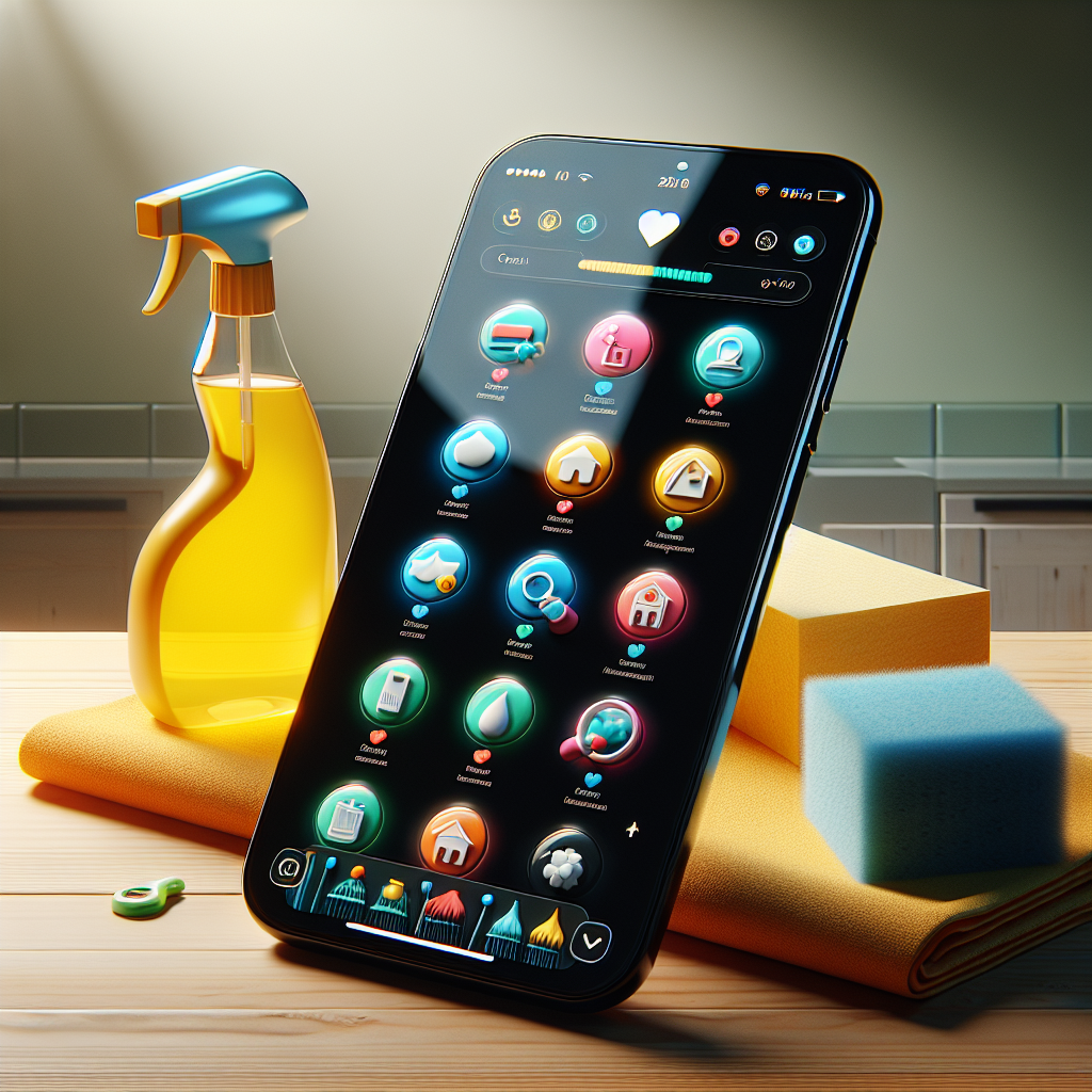 A smartphone displaying a house cleaning app surrounded by cleaning supplies on a kitchen counter.