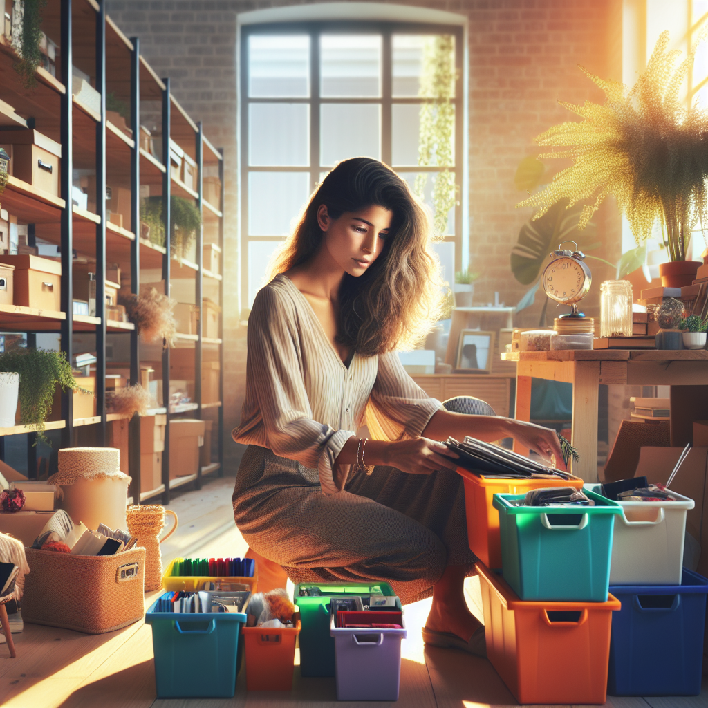 Find Professional Organizer Assistant Jobs Near Me Today! 4 A professional organizer assistant sorting through storage bins in a bright home office.