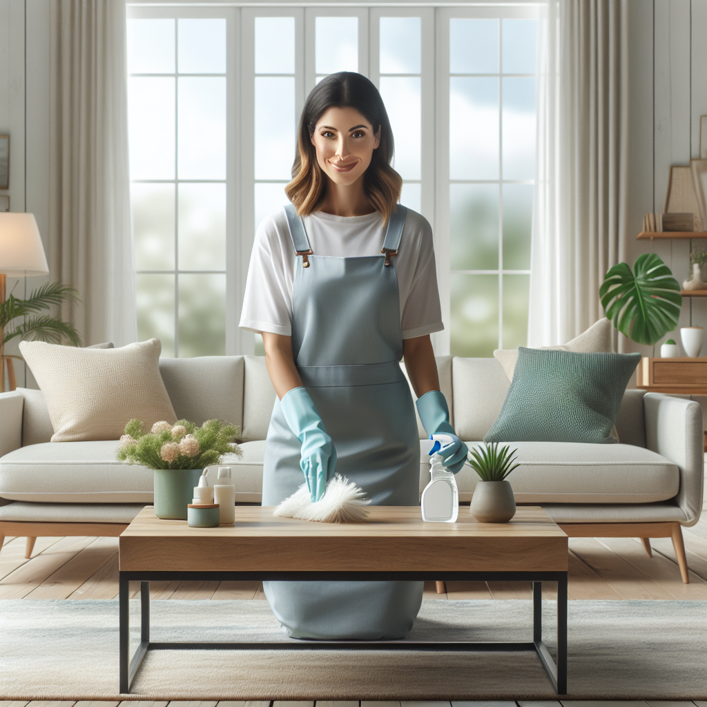 A professional cleaner in a bright and clean living room, dusting a coffee table with plants.