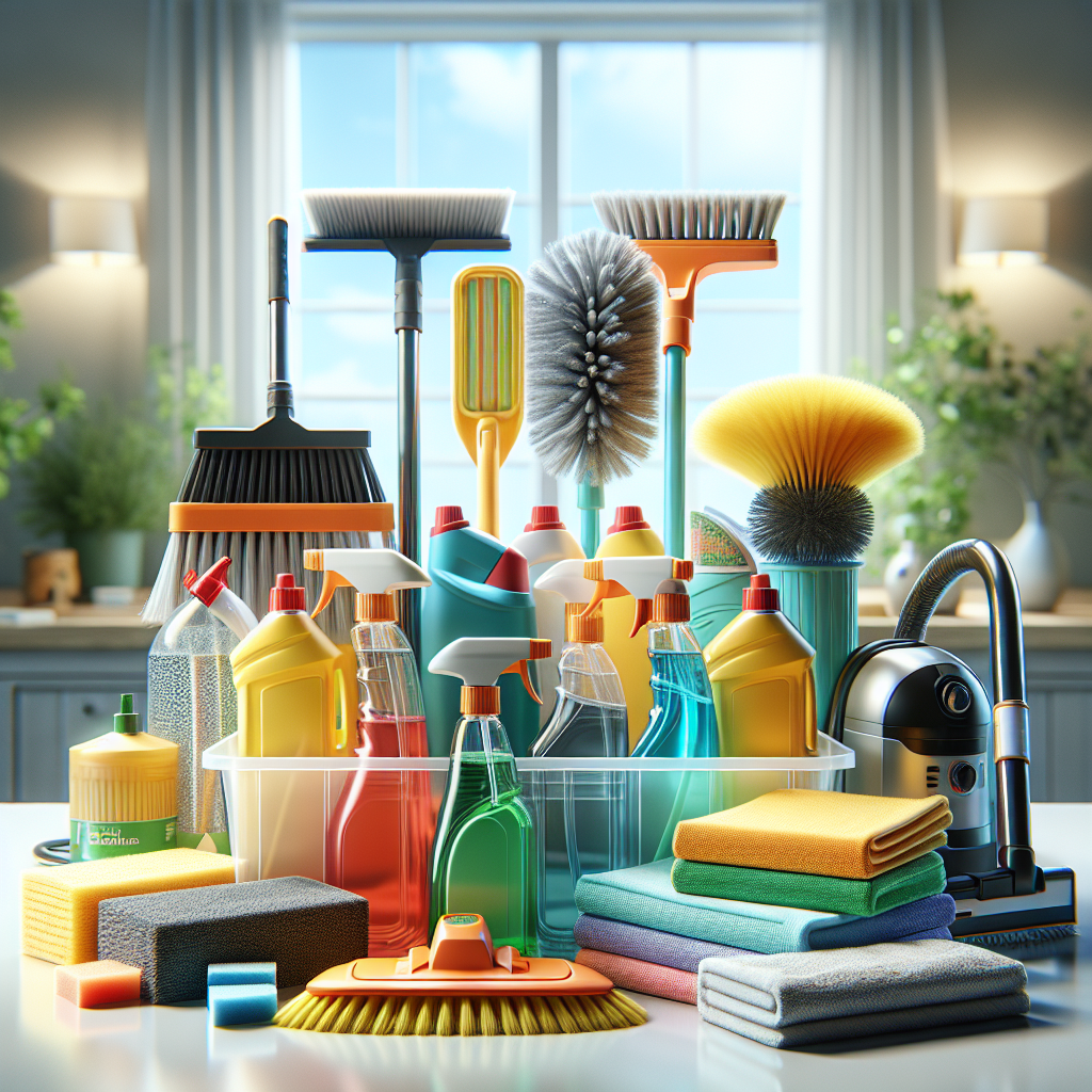 An organized cleaning supplies kit on a countertop, featuring various tools and eco-friendly products.