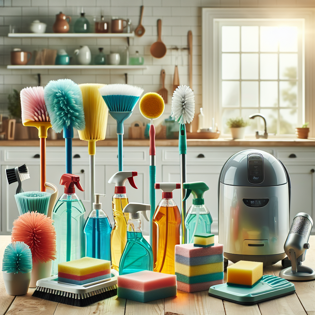 An assortment of essential cleaning supplies organized on a wooden table in a sunlit kitchen.
