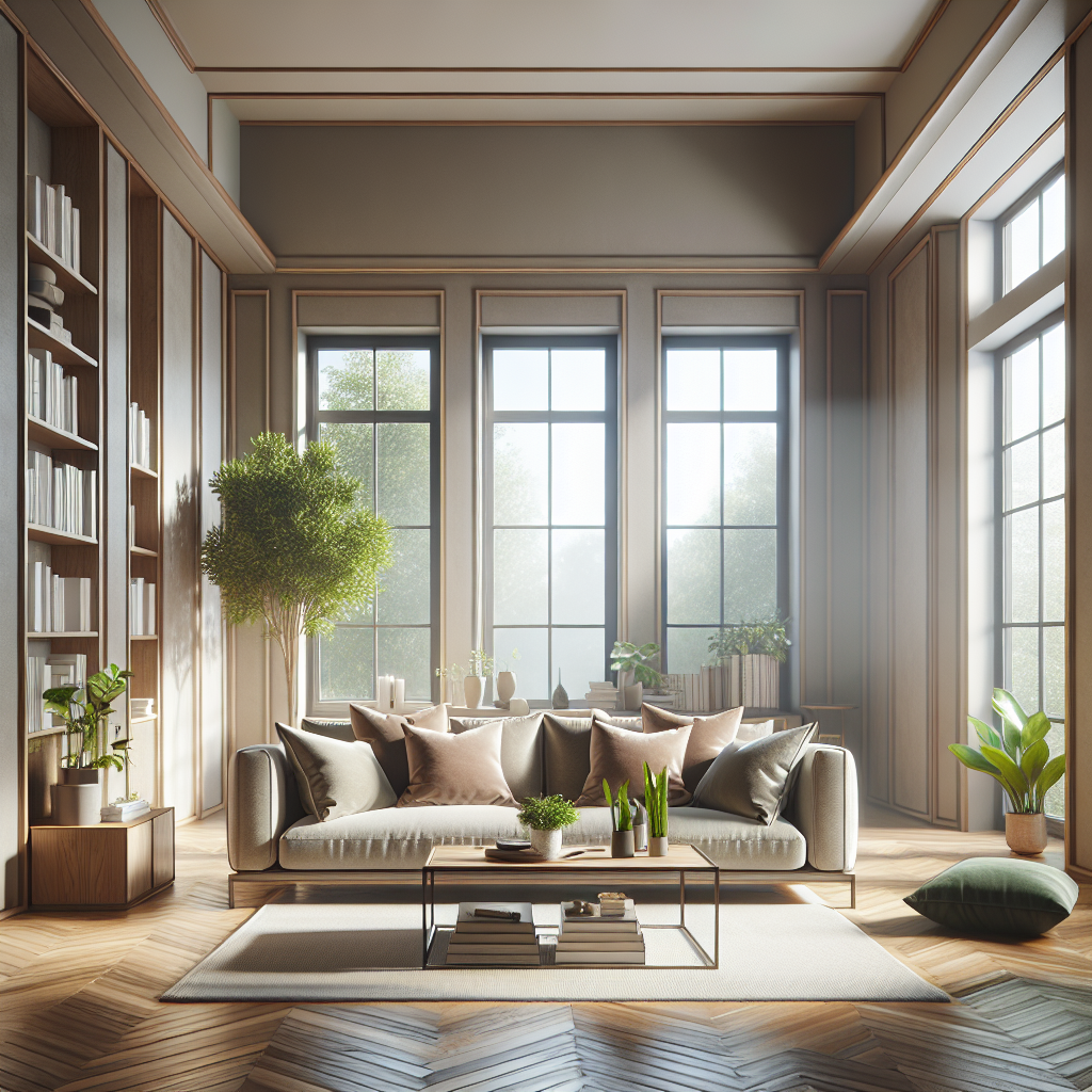 A clean and organized modern living room emphasizing serenity and well-being.